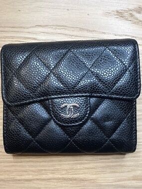 Chanel Black Quilted Leather Wallet with CC Logo Silver